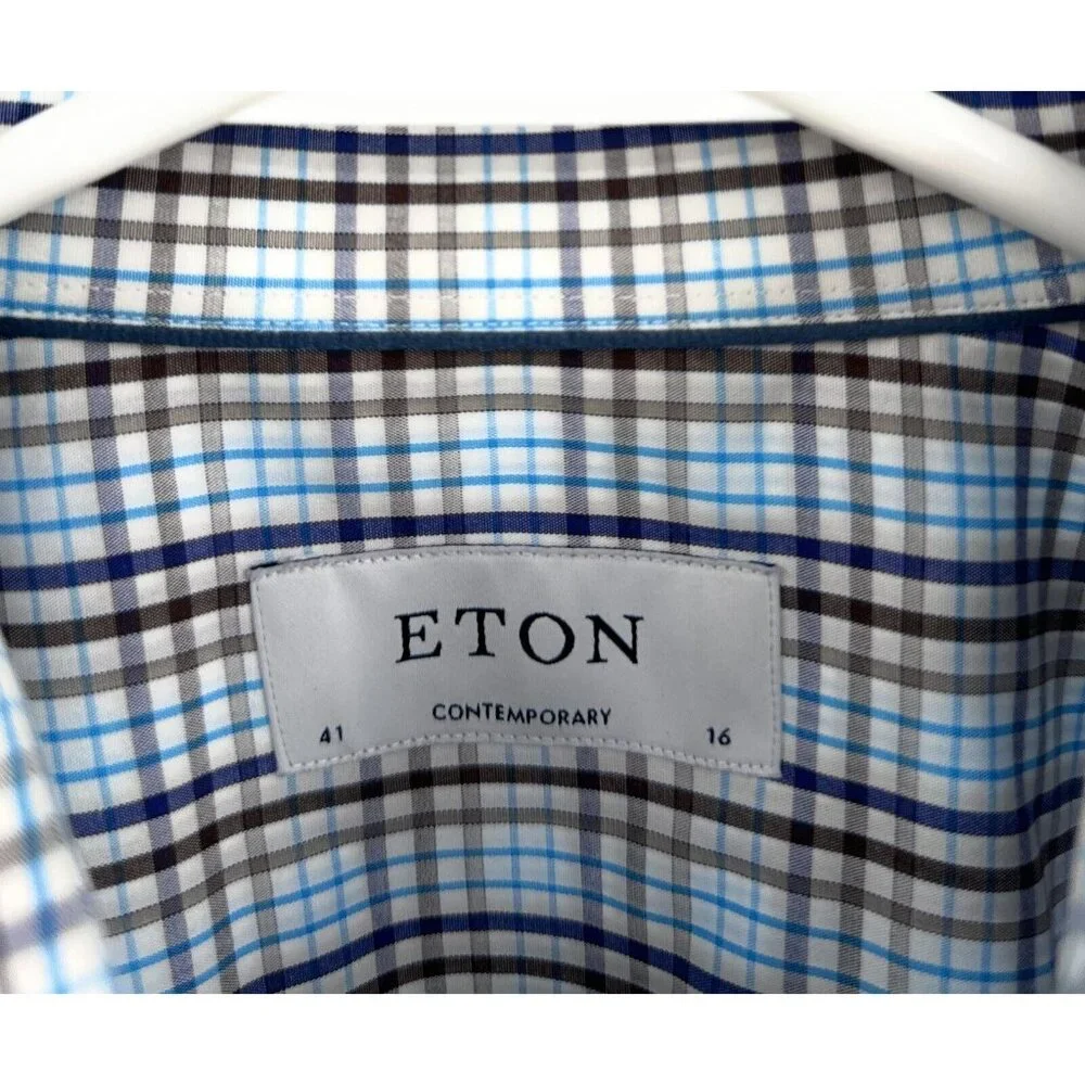 Eton Shirt Mens Blue Brown Check Contemporary Button Up Long Sleeve 41 16 - Picture 2 of 5